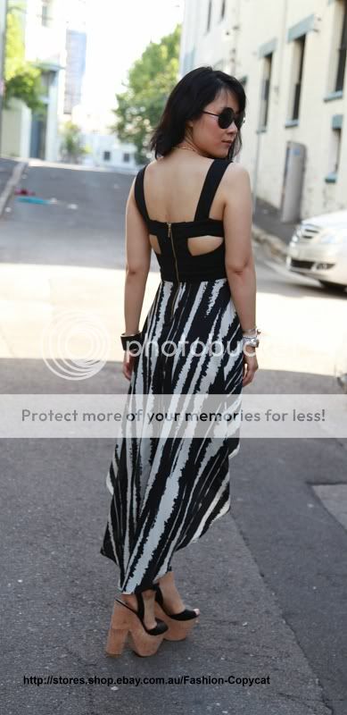 CUT OUT BUSTIER ASYMMETRIC COLOUR BLOCK BLACK WHITE TAIL MAXI DRESS S 