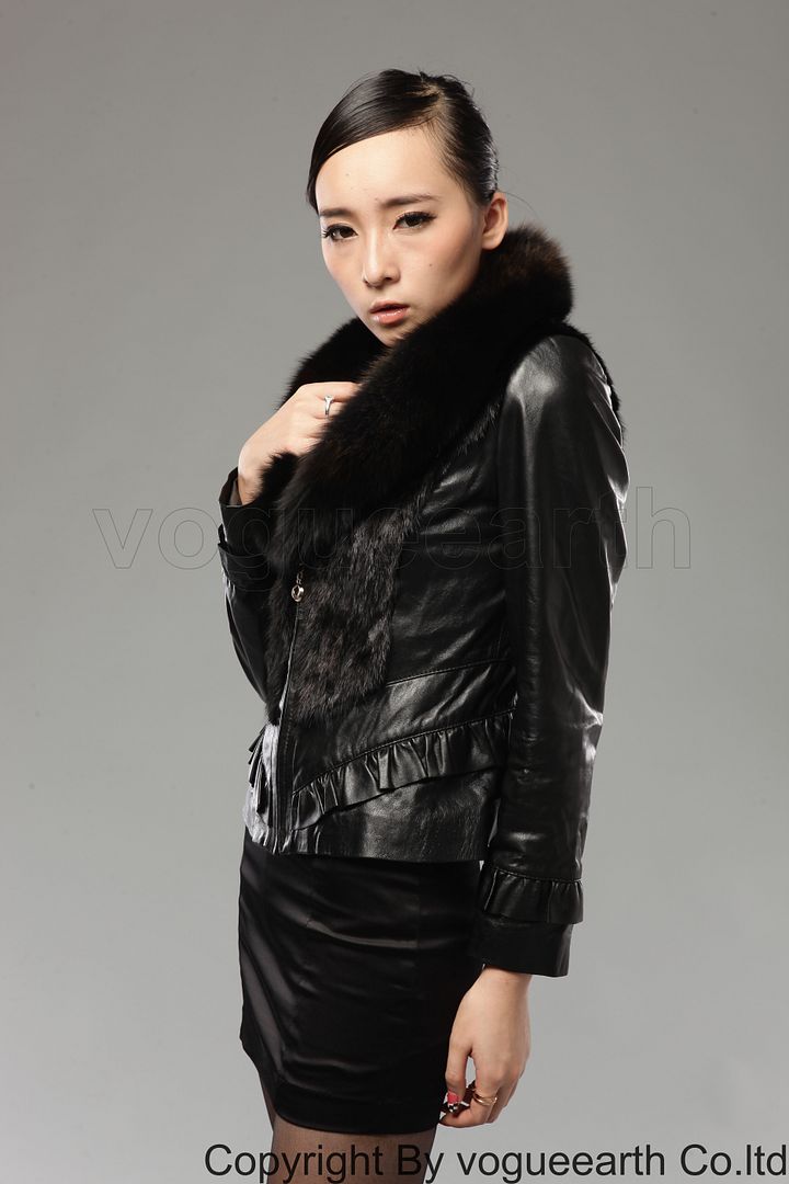   collar leather&mink fur black/brown jacket/coat/ourwear XS/S/M  